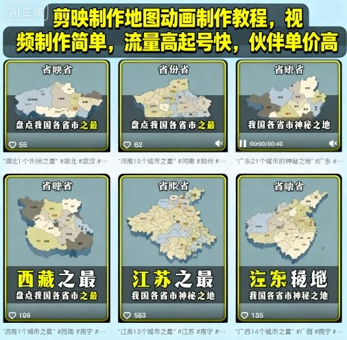 剪映制作地图动画制作教程，视频制作简单，流量高起号快，伙伴单价高-邪修侠学院