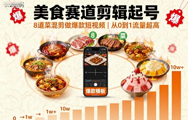 美食赛道剪辑起号,8道菜混剪做爆款短视频,从0到1,流量超高-邪修侠学院