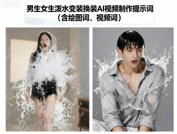 男生女生泼水变装换装AI视频制作提示词(含绘图词、视频词)-邪修侠学院