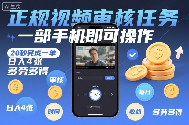 正规视频审核任务,一部手机即可操作,20秒完成一单,日入4张,多劳多得【揭秘】-邪修侠学院