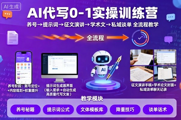 AI代写0-1实操训练营,从养号、提示词、征文演讲、学术文,到私域谈单的全流程教学-邪修侠学院