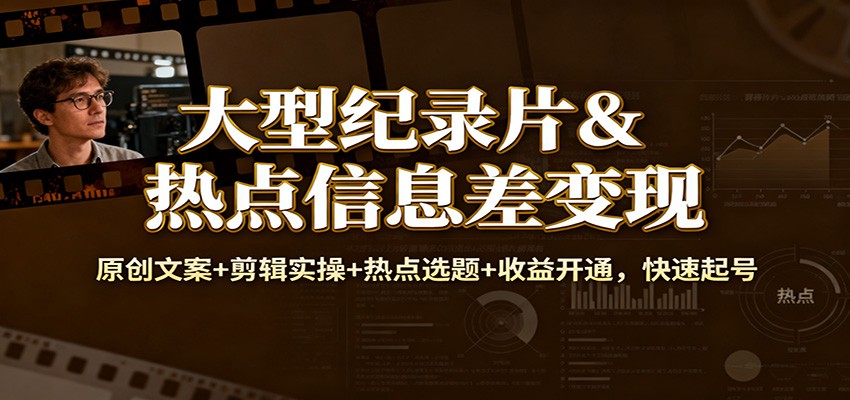 大型纪录片&热点信息差变现：原创文案+剪辑实操+热点选题+收益开通，快速起号-邪修侠学院