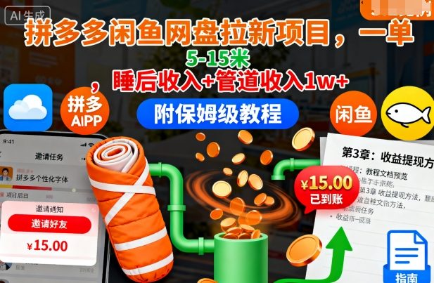 拼多多闲鱼网盘拉新项目，一单5-15米，睡后收入+管道收入1w+(附保姆级教程)-邪修侠学院