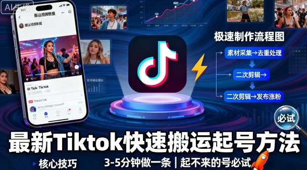 最新Tiktok快速搬运快速起号方法，3-5分钟做一条，起不来的号可以试试-邪修侠学院