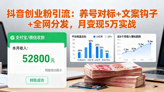 抖音创业粉引流：养号对标+文案钩子+全网分发，月变现5万实战-邪修侠学院