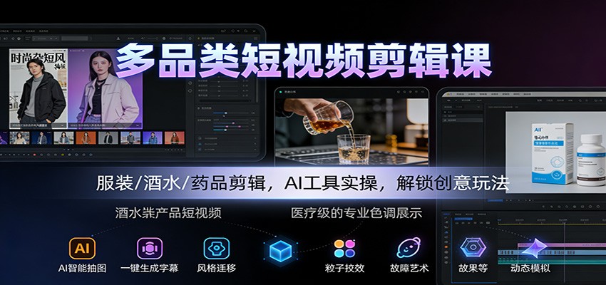 多品类短视频剪辑课:服装/酒水/药品剪辑,AI工具实操,解锁创意玩法-邪修侠学院