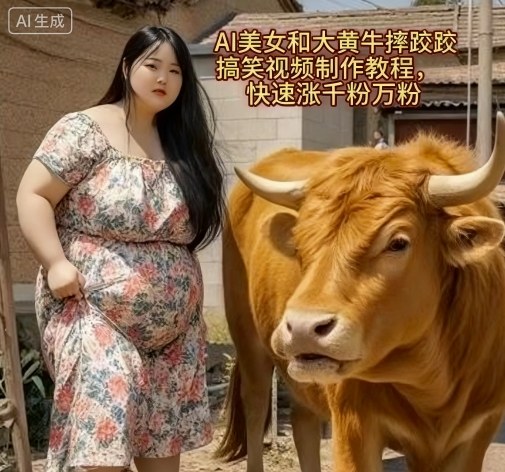 AI美女和大黄牛摔跤搞笑荒诞视频制作教程,快速涨千粉万粉-邪修侠学院